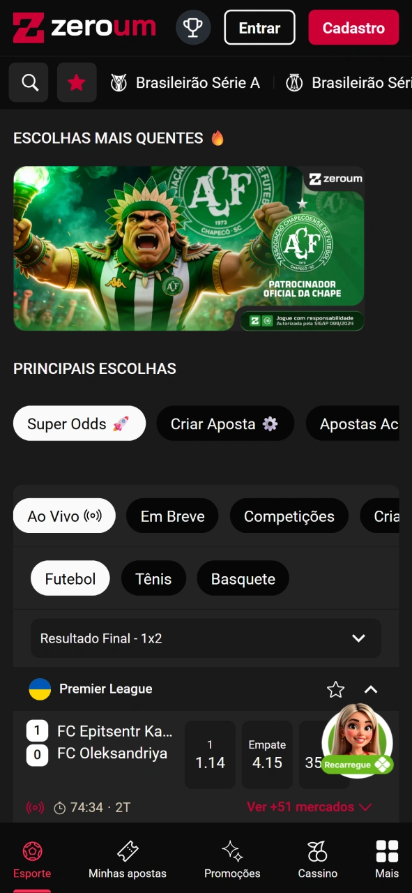 Confira a seção de apostas esportivas no app da Zeroum com diversos mercados.