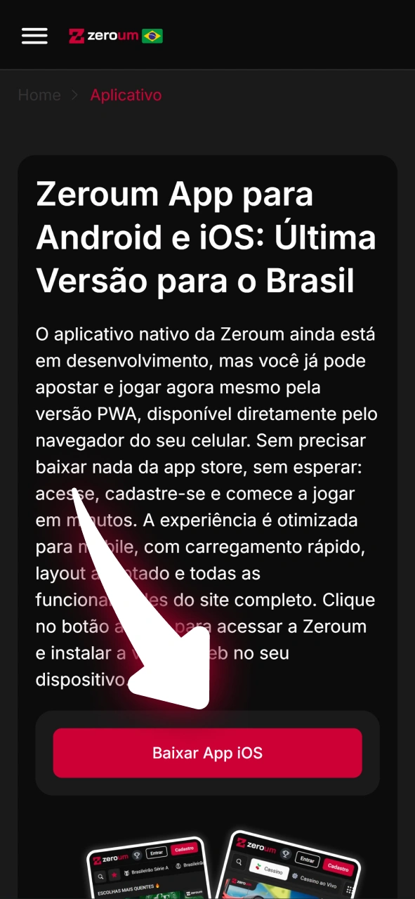 Localize o botão para iniciar a instalação no iOS para Zeroum.