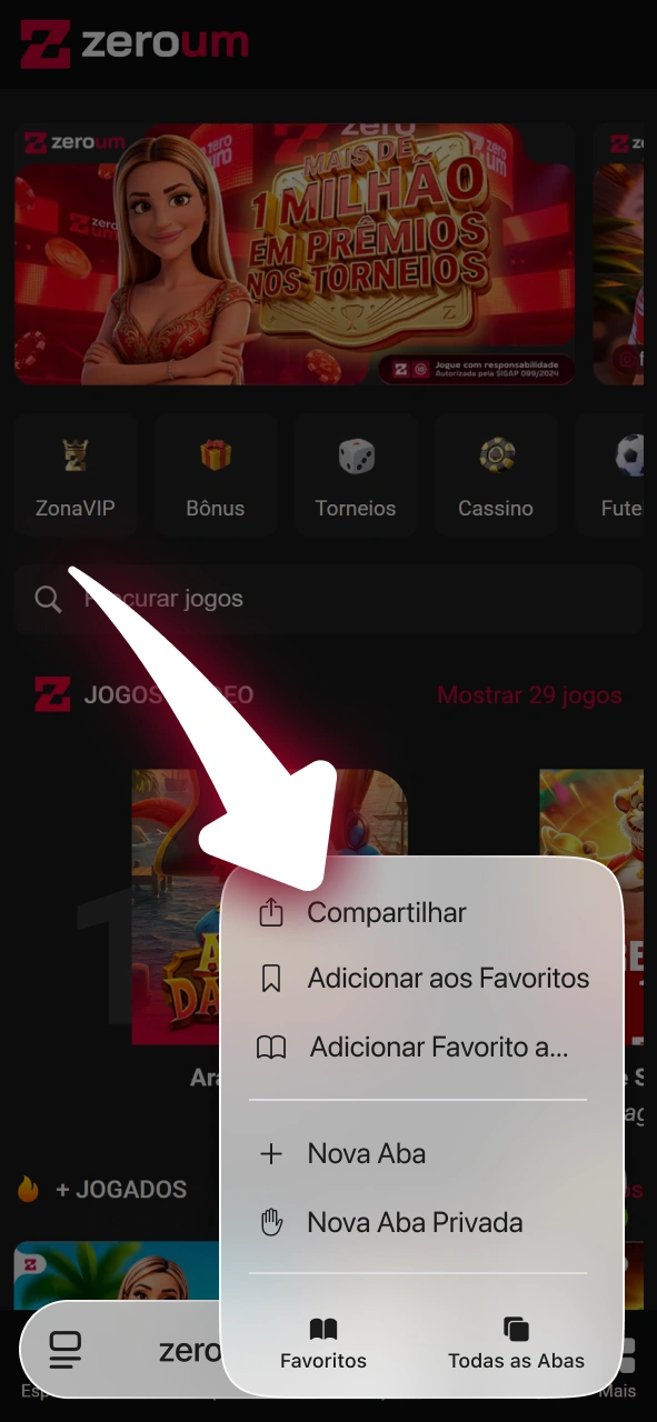 Use a função de compartilhamento do Safari para configurar o atalho da Zeroum.