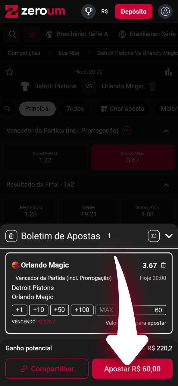 Finalize seu palpite esportivo no bilhete oficial da Zeroum Brasil.