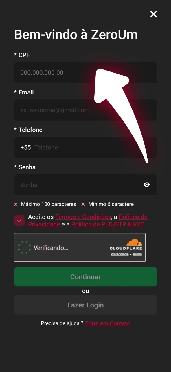 Cadastre seus dados pessoais no site oficial da plataforma Zeroum.