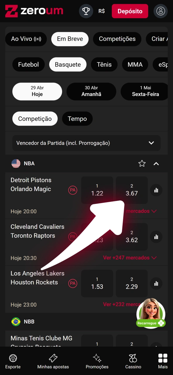 Selecione partidas e mercados na aba oficial da Zeroum esportes.