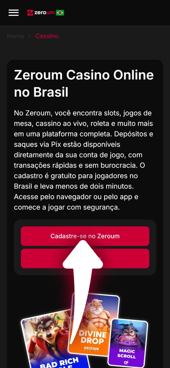 Crie sua conta nova no formulário oficial da Zeroum agora.