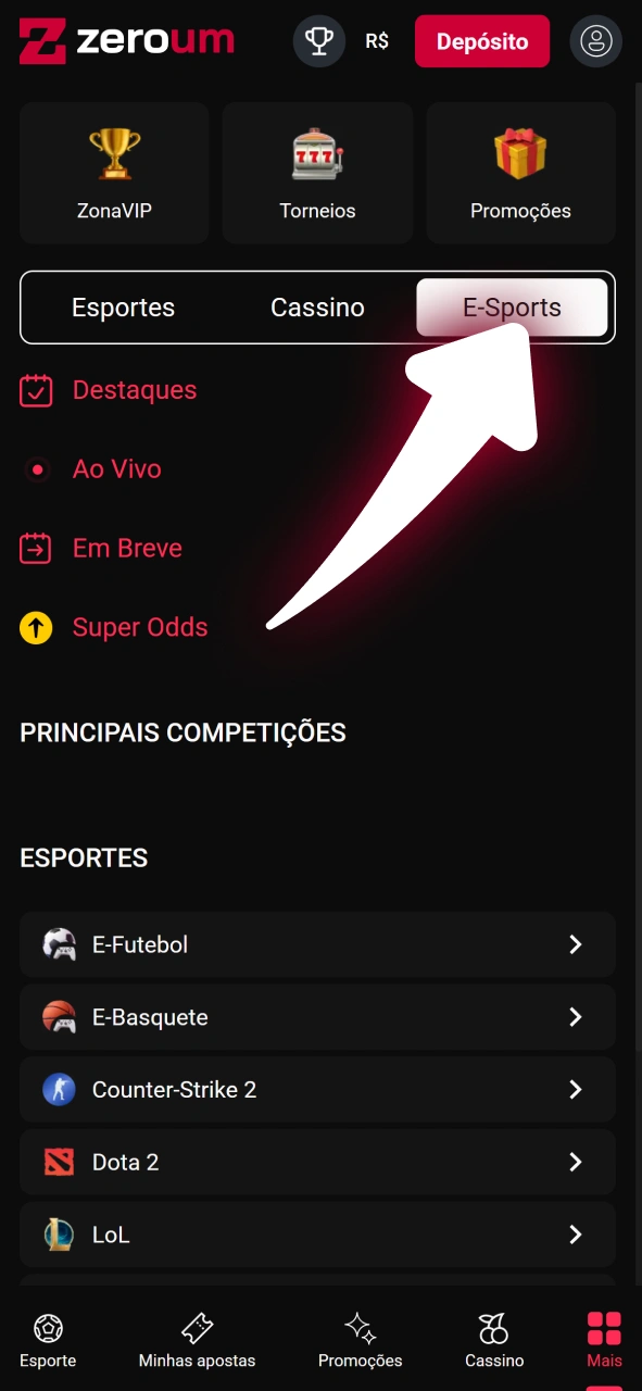 Localize a categoria de e-sports no site oficial da Zeroum.