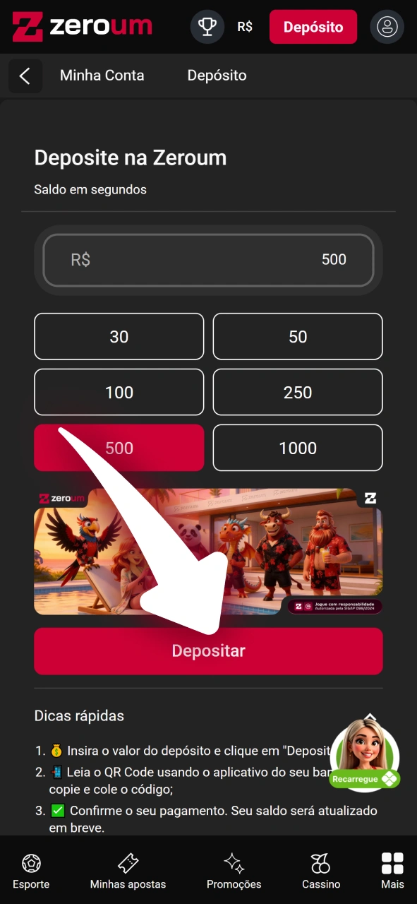 Realize seu primeiro depósito seguro no portal oficial da Zeroum.