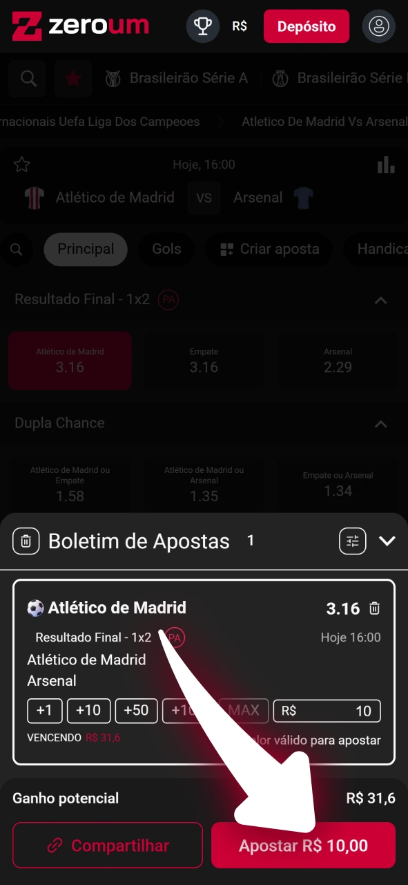 Confirme seu palpite no bilhete oficial da plataforma Zeroum online.