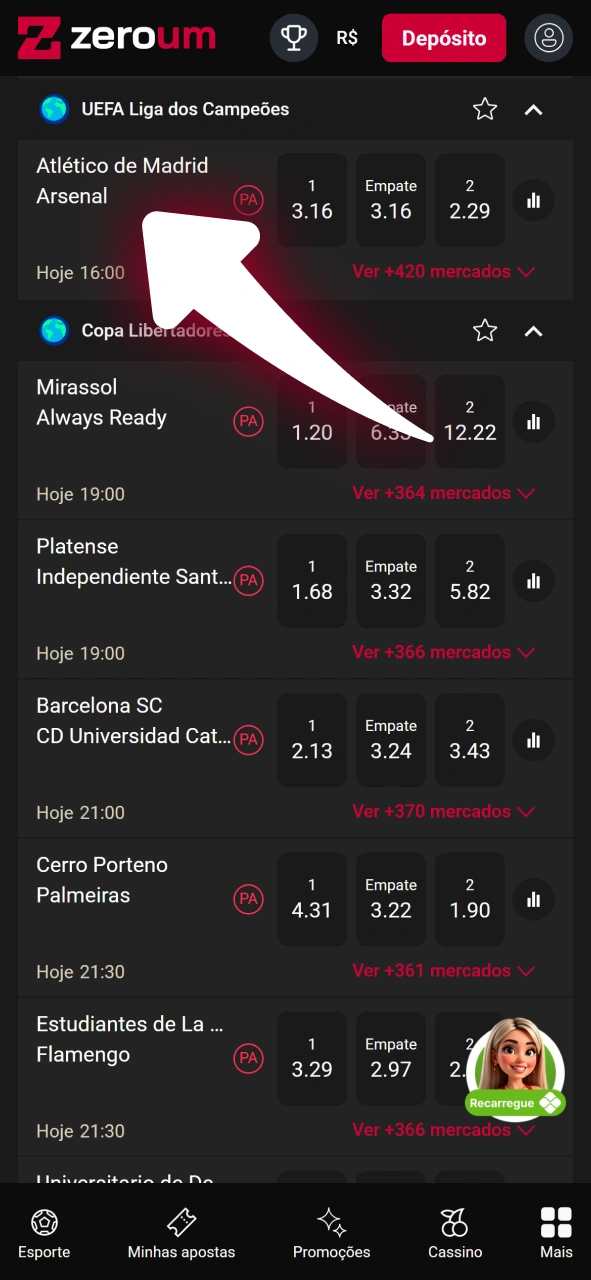 Escolha mercados de apostas na página oficial da Zeroum futebol.