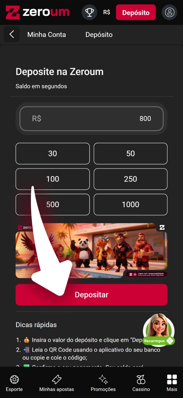 Confirme os dados da transação para finalizar seu depósito na Zeroum.