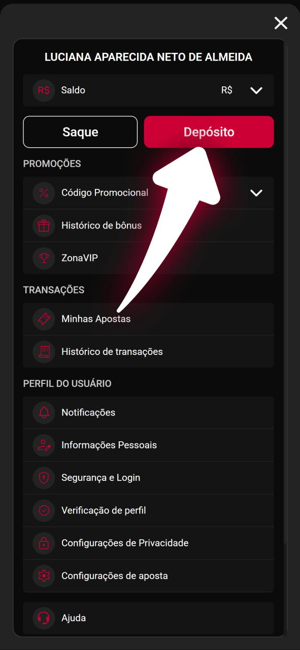 Navegue até a seção de depósitos na sua área de usuário na Zeroum.