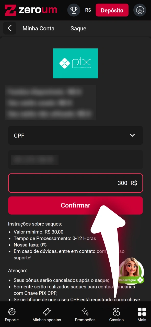 Verifique e confirme sua solicitação de saque na plataforma Zeroum.