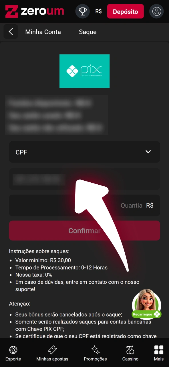 Informe seus dados bancários ou chave Pix para receber saques da Zeroum.