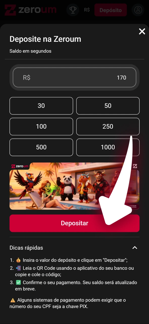 Realize seu primeiro depósito após o registro na Zeroum.