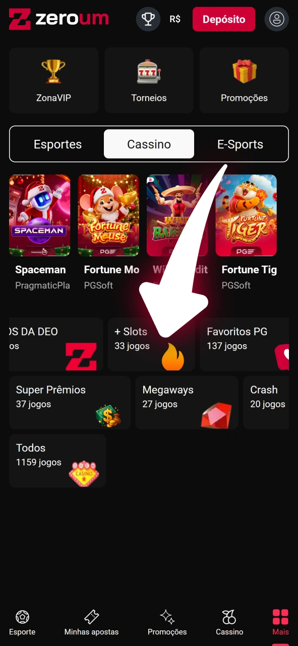 Explore a seção de slots no lobby oficial da Zeroum.