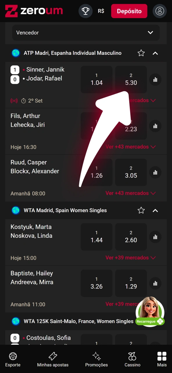 Selecione seu mercado de apostas no site oficial da Zeroum online.